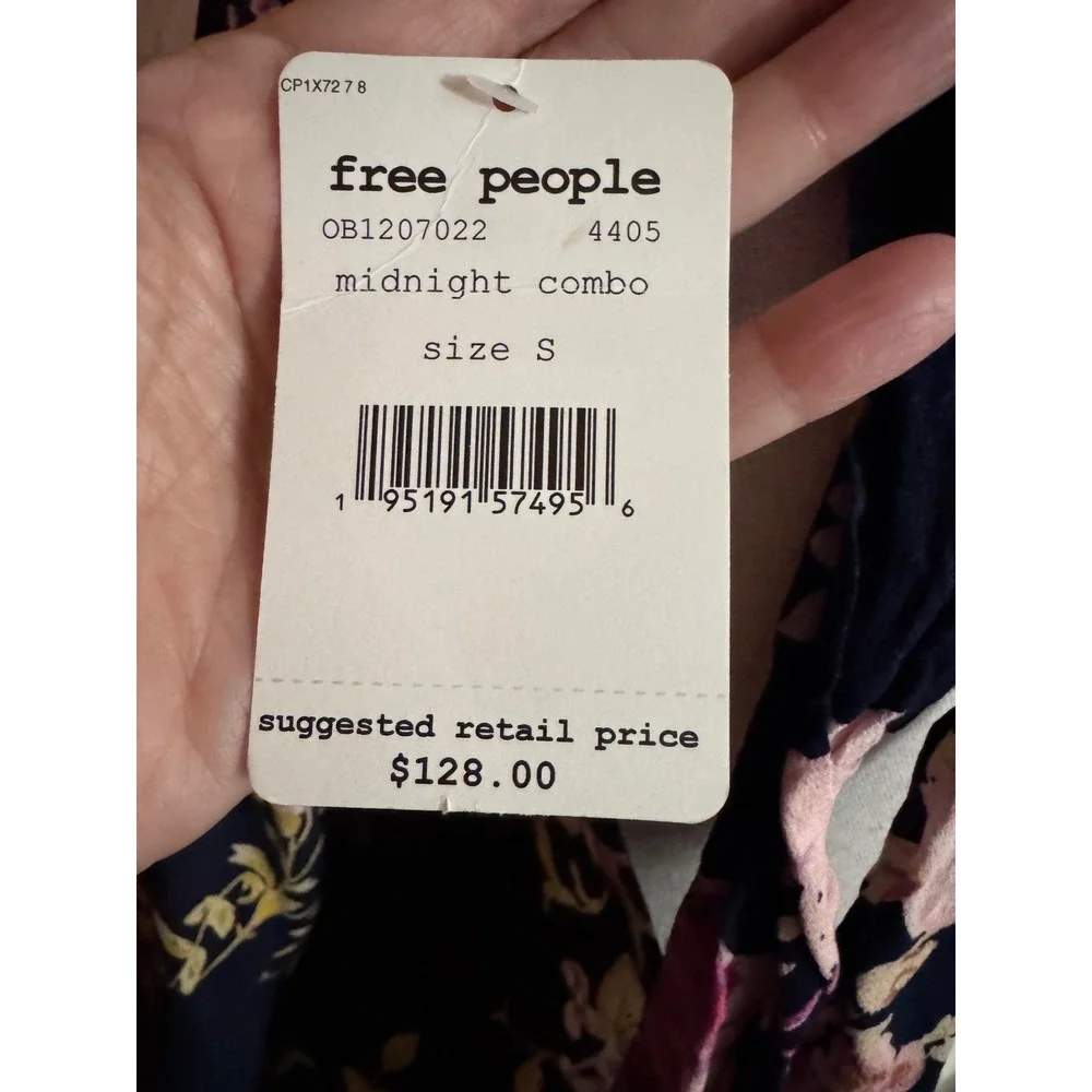 Free People Floral Open Back Mini Dress Navy Blue Bell Sleeve Mock Neck Small